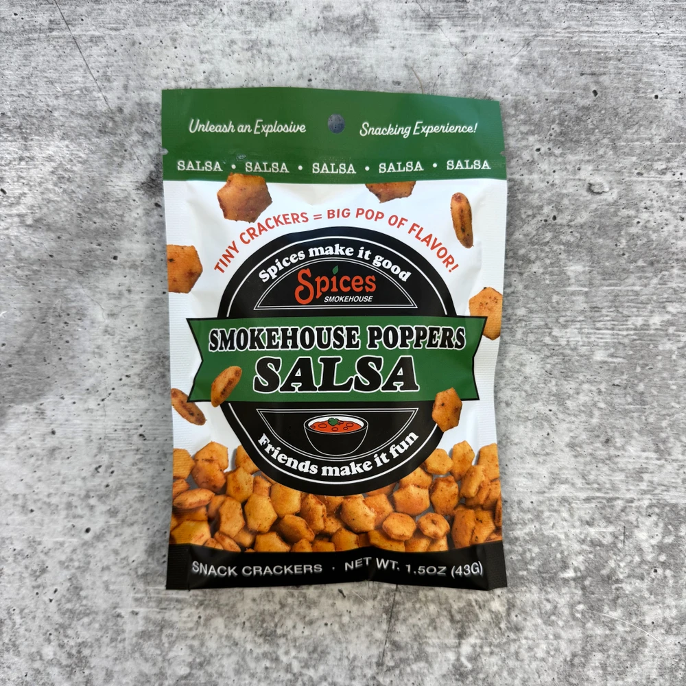 Crispy Smokehouse Poppers crackers with bold salsa seasoning in a 1.5 oz snack bag, Southern-style gourmet snack, perfect for gifting