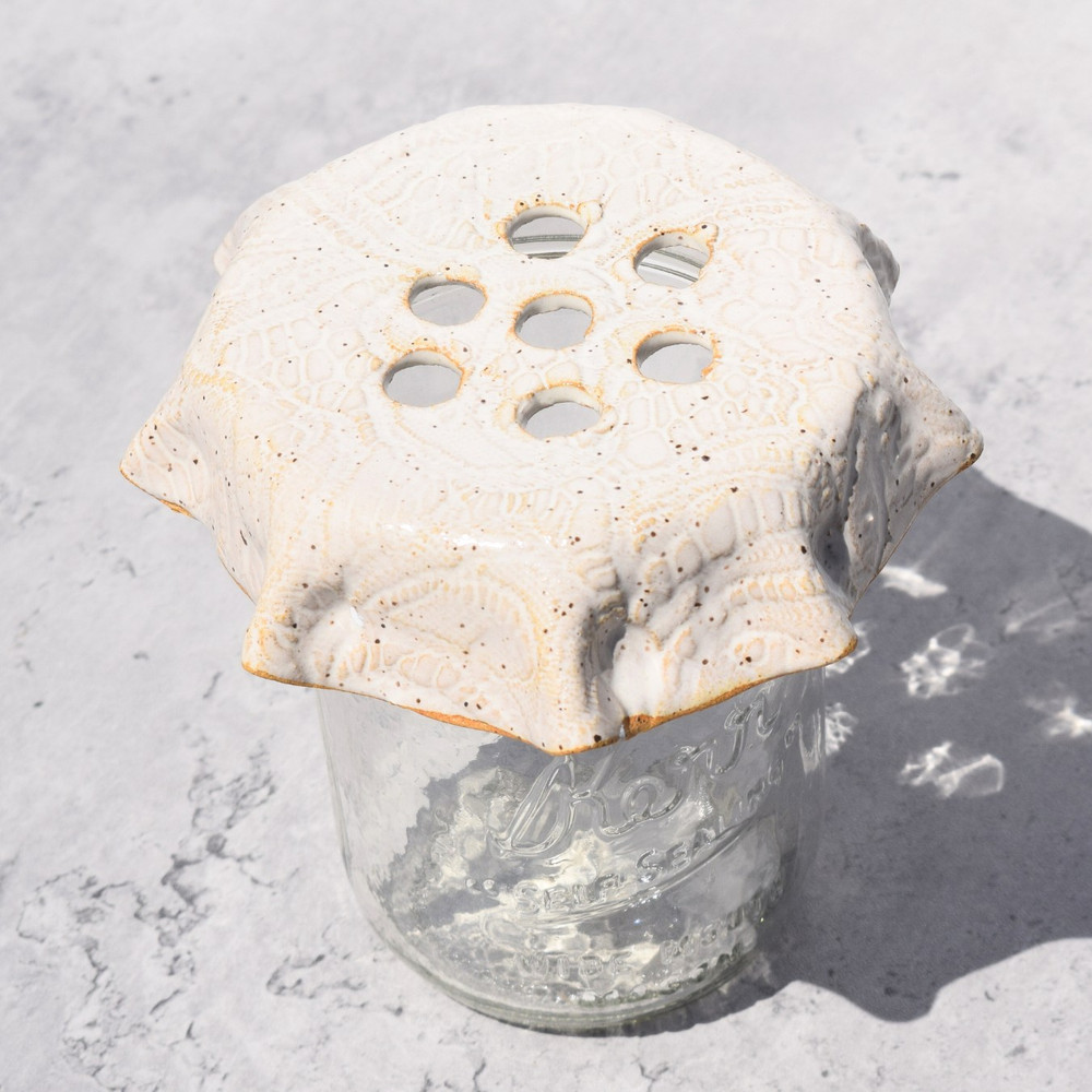 Handmade stoneware jar frog for flower arranging, made in Fairhope, Alabama, floral arranging tool for mason jars and fresh flowers