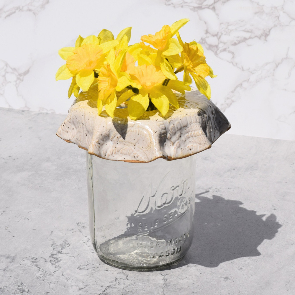 Handmade stoneware jar frog for flower arranging, made in Fairhope, Alabama, floral arranging tool for mason jars and fresh flowers