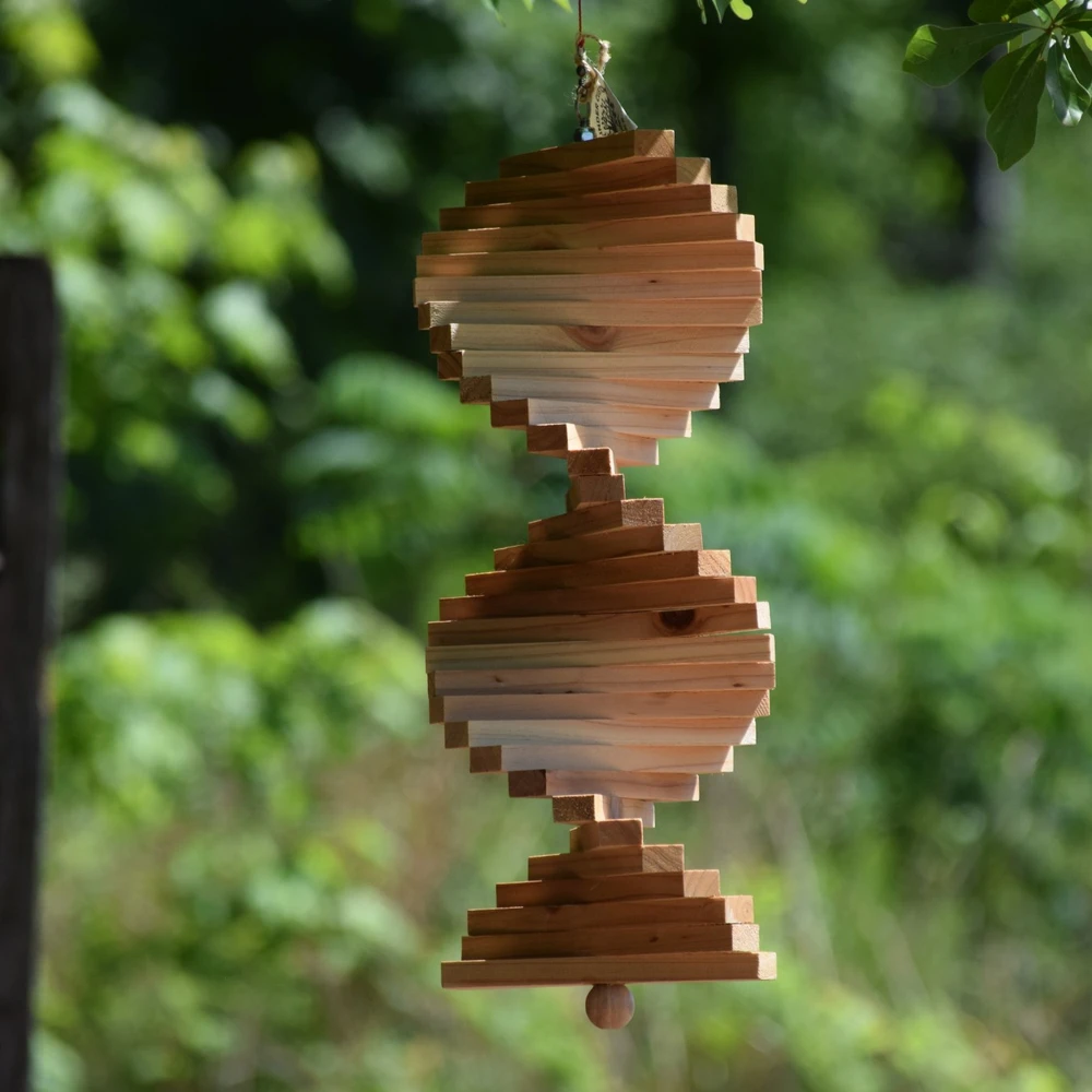 Cedar wind spinner handcrafted in Alabama, outdoor wooden wind spinner for porch patio garden décor, weather-resistant cedar hanging spinner