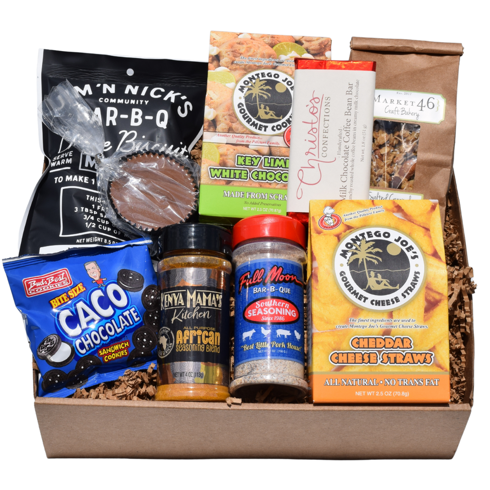 Best of Hoover Alabama gourmet gift box with cookies, chocolate, cheese straws, granola, seasonings and Jim N Nick’s cheese biscuit mix