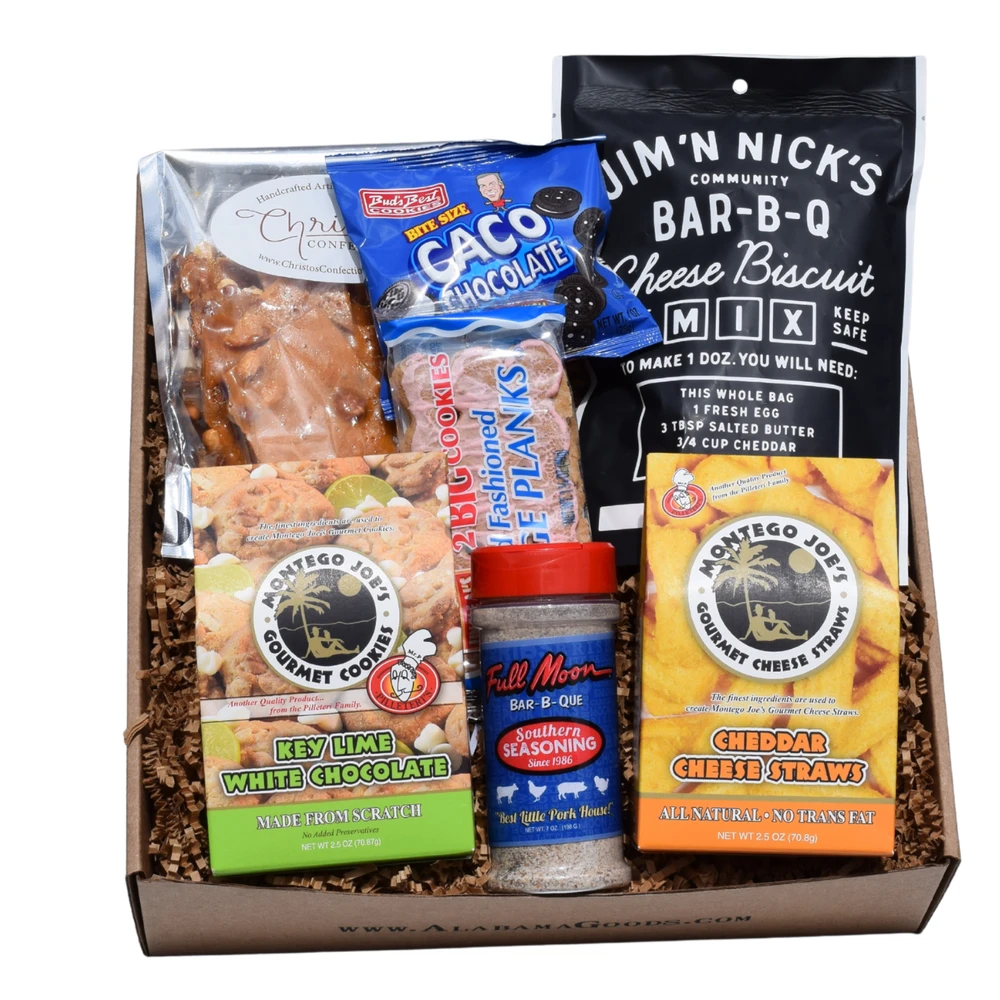 Best of Hoover Alabama food gift box with cookies, peanut brittle, cheese straws, Full Moon Seasoning and Jim N Nick’s cheese biscuit mix