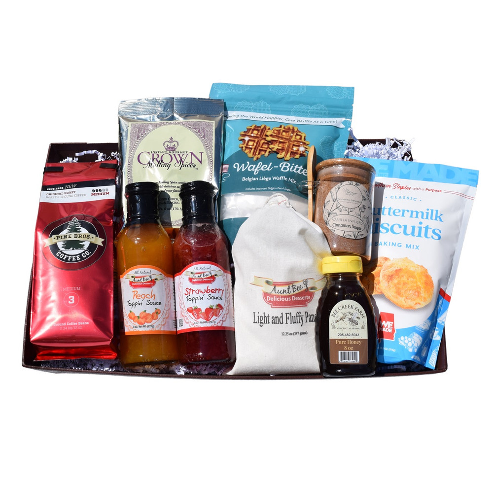 Bright Mornings Alabama breakfast gift basket with pancake, waffle, biscuit and cornbread mixes, honey, fruit syrups, peach pepper jelly and mulling spice