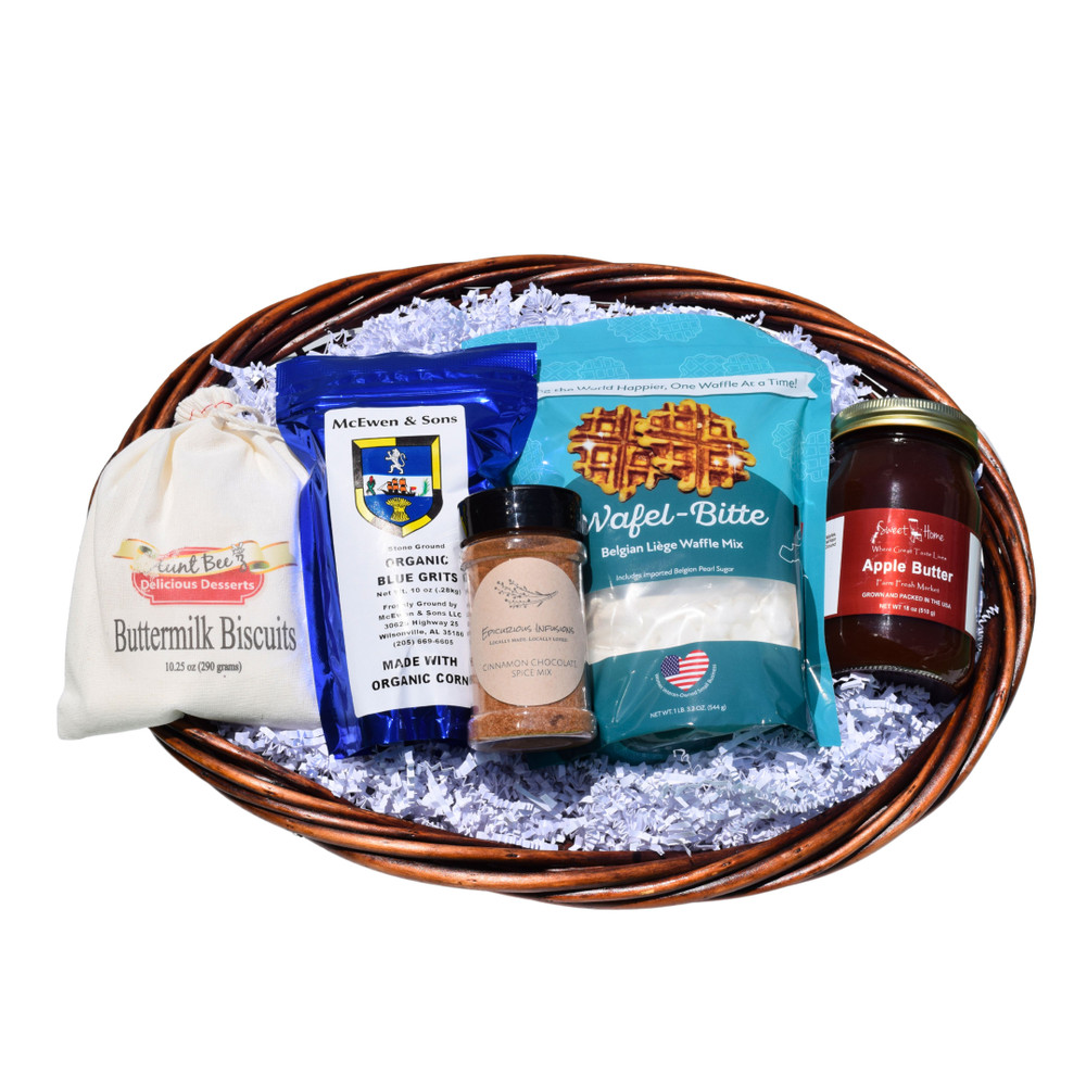 Brunch Bonanza Alabama breakfast gift basket with Belgian waffle mix, strawberry syrup, chocolate strawberry jam, organic grits, biscuit mix and Southern Pecan coffee