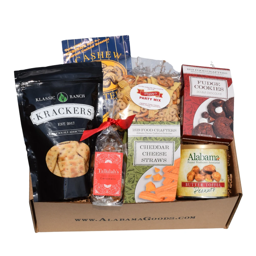Give Back Box Alabama gourmet gift with ranch crackers, chocolate cookies, cashews, party mix, caramels, cheese straws and butter toffee peanuts