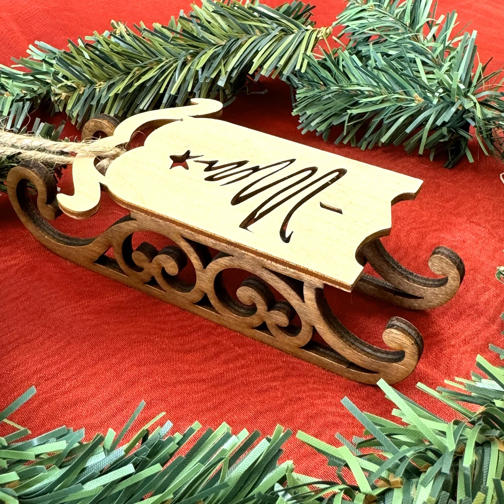 wooden 3D sled ornament Christmas tree rustic wood holiday decoration