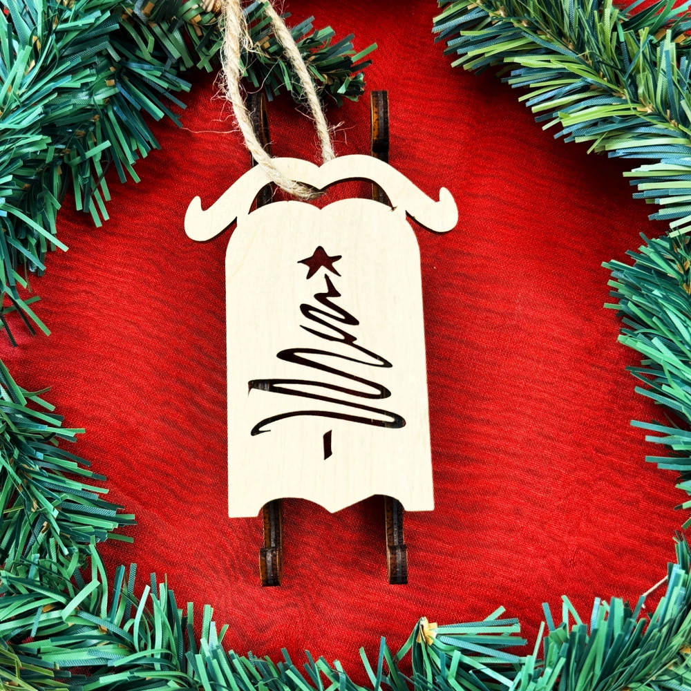 wooden 3D sled ornament Christmas tree rustic wood holiday decoration