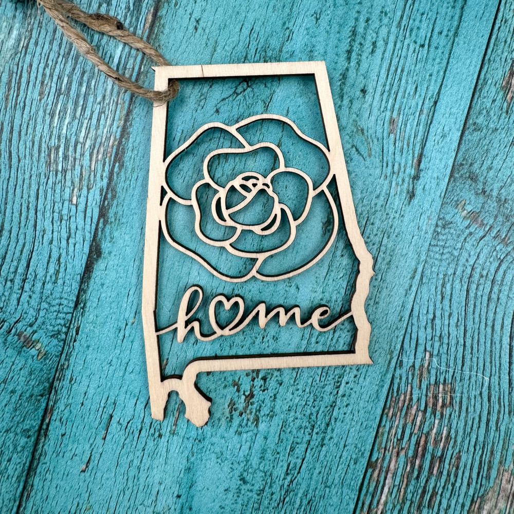 wooden Alabama camellia ornament, Alabama state flower ornament, made in Alabama wooden ornament, Southern Christmas ornament, Alabama gift keepsake