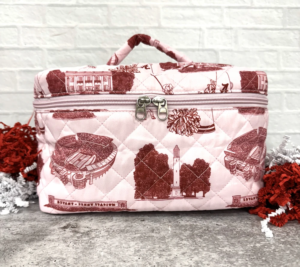 University of Alabama quilted makeup and toiletry bag in pink with crimson campus illustrations including Bryant-Denny Stadium and Big Al