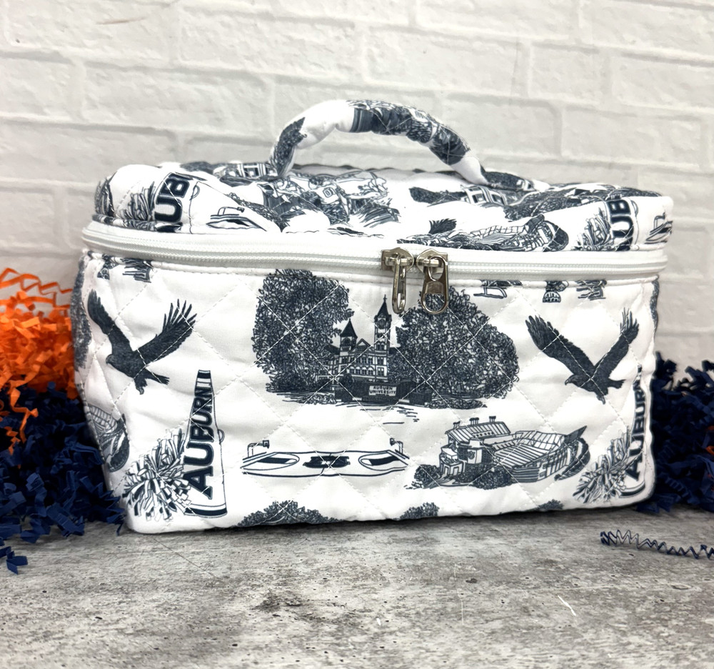 Auburn University quilted makeup and toiletry bag with Auburn campus illustrations including Toomer’s Oaks and Jordan-Hare Stadium