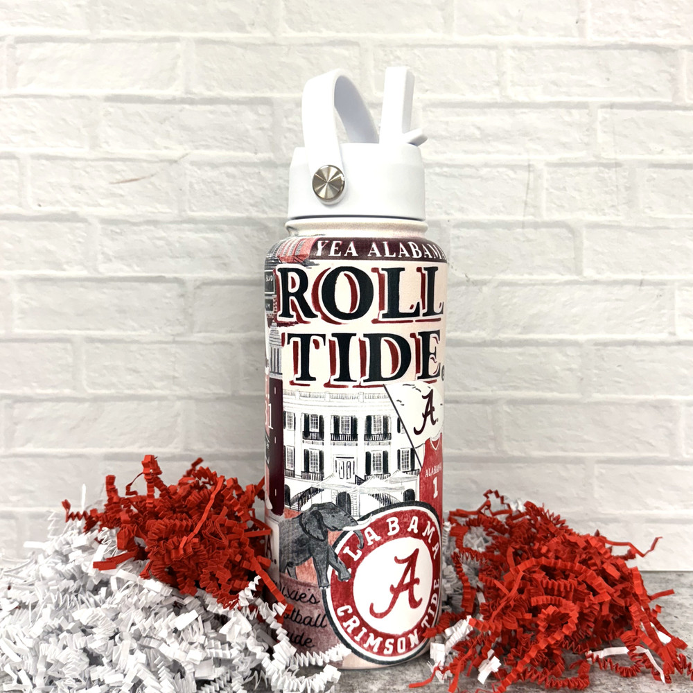 University of Alabama insulated water bottle 32 oz with Bryant Denny Stadium Roll Tide illustrations straw lid