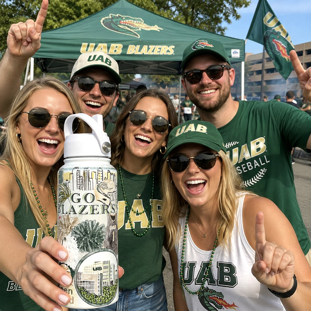 UAB Blazers 32 oz insulated water bottle with straw lid and Birmingham-themed illustrations, stainless steel reusable bottle for students and fans