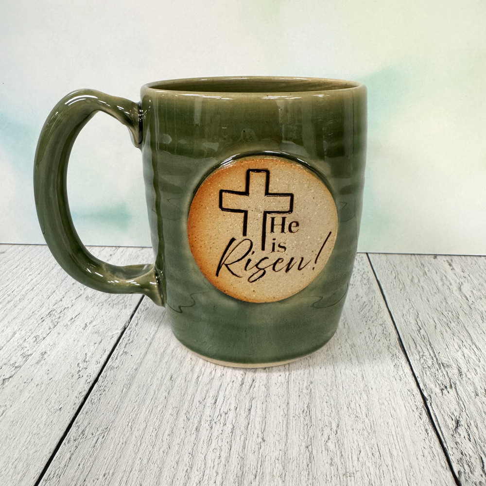 He Is Risen handmade pottery mug, Christian coffee mug Alabama made, Easter gift mug, religious gift for her or him, faith-based ceramic mug
