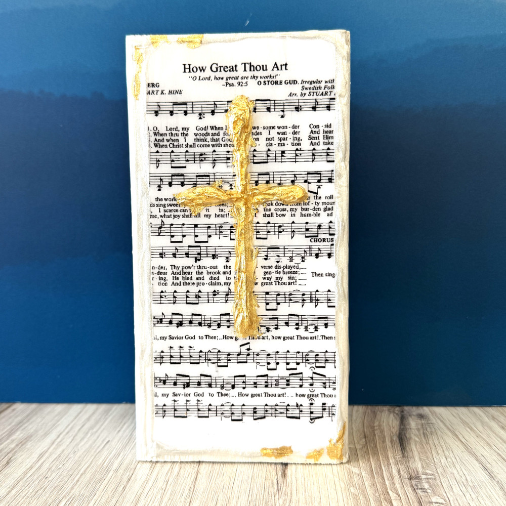 How Great Thou Art hymn block art with gold cross, handmade wooden Christian décor, resin-coated hymn gift made in Alabama