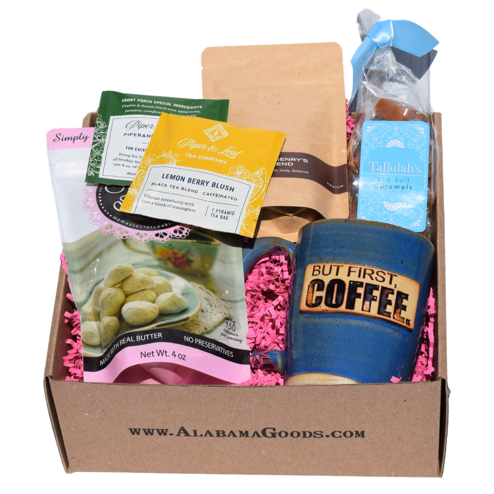 Soft sea salt caramels, Alabama coffee, artisan wedding cookies, and handcrafted mug in a premium Alabama-made gift basket for Mom