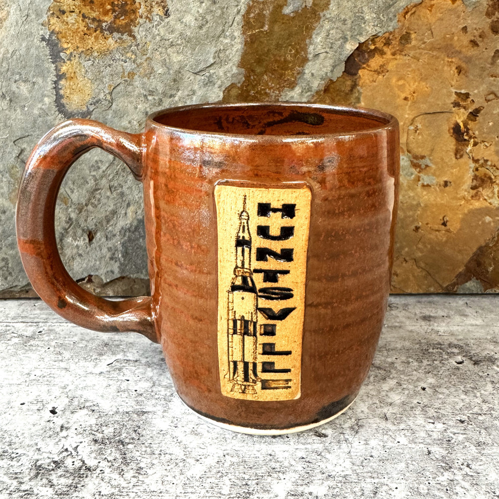 Huntsville handmade pottery mug with rocket design, Alabama made ceramic coffee mug, unique gift for space lovers and locals