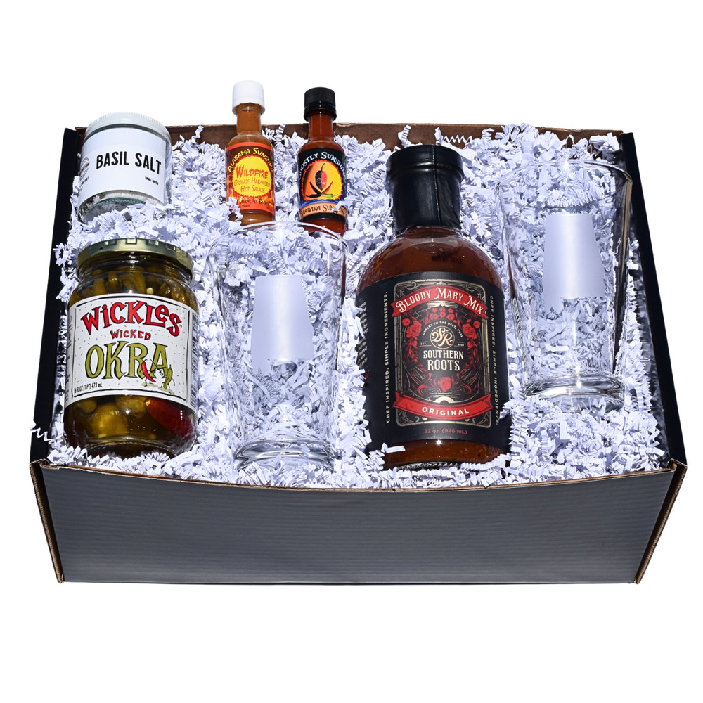 Bloody Mary gift kit with Alabama-made cocktail mix, pickled okra, hot sauce, salt rimmer, and glasses arranged in premium gift packaging