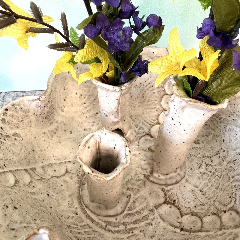 Handmade ceramic stem flower vase with three built-in stem holders, artisan pottery décor, Alabama-made gift for flower lovers and home styling.