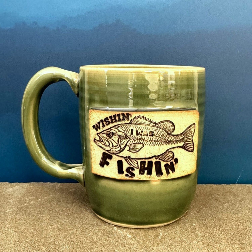Handmade fishing mug with fish design and “Wishin’ I Was Fishin’” text, Alabama-made pottery coffee mug with unique glaze