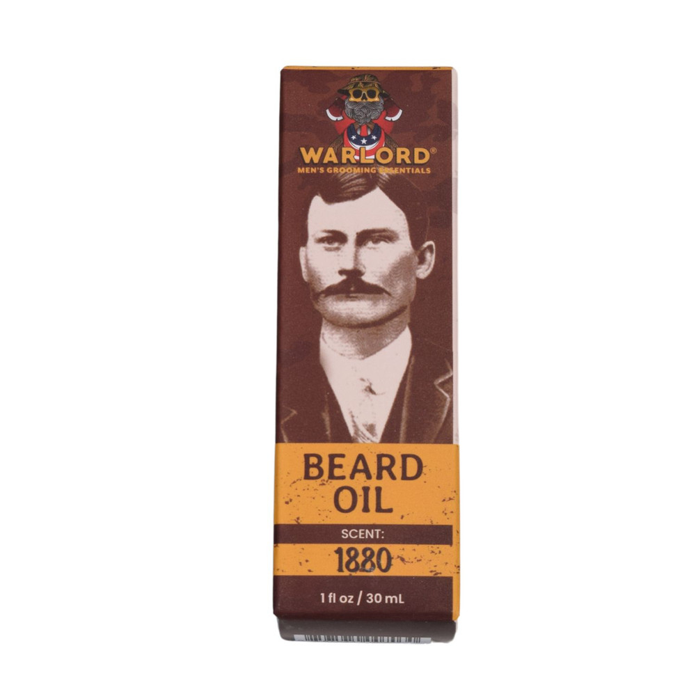 Beard oil bottle with dropper, Warlord 1880 sandalwood musk beard oil, Alabama made men’s grooming product, premium beard care product close-up
