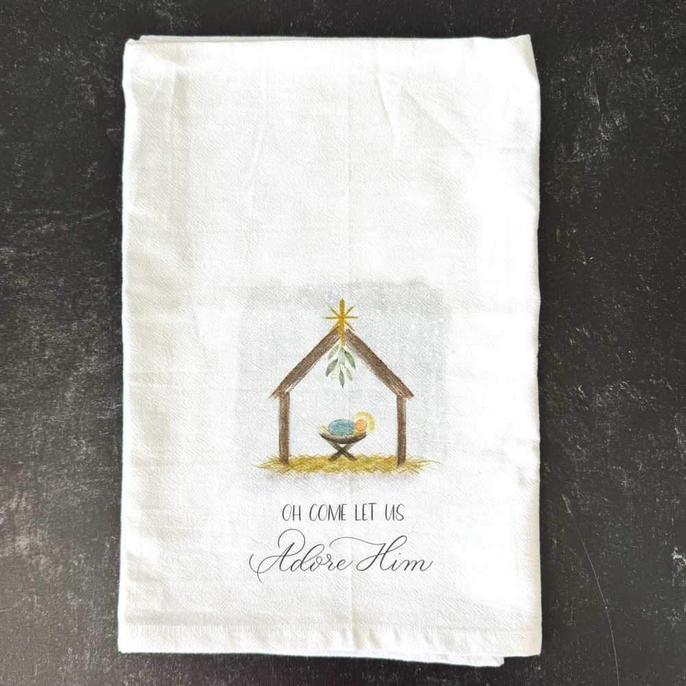 Christmas nativity tea towel with baby Jesus and star, 100% cotton kitchen towel with “Oh come let us adore Him” design, Christian holiday décor gift