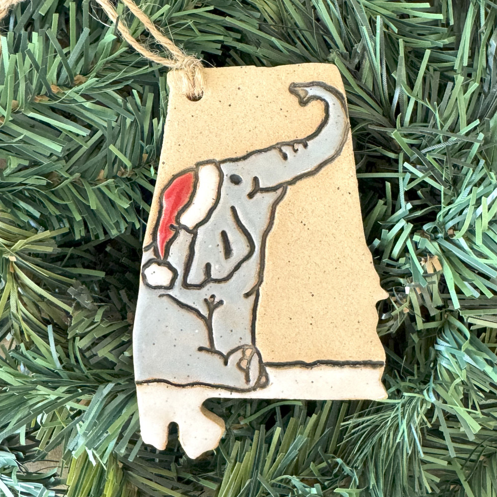 Handmade Sitting Elephant Christmas Ornament with Santa Hat – Alabama pottery holiday ornament for Christmas tree décor and Alabama fan gifts
