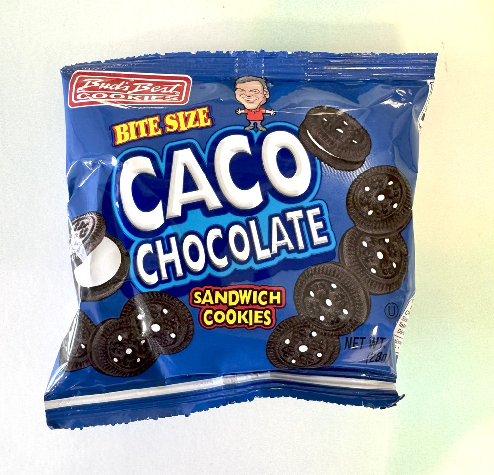 Chocolate cookie sandwich bites with vanilla crème filling in 1 oz bag, Alabama-made Bud’s Best Cookies, bite-sized snack packaging