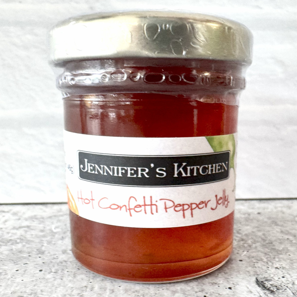 Hot Confetti Pepper Jelly mini jar – sweet and spicy Alabama-made pepper jelly in a small glass jar, perfect for gifts, party favors, charcuterie boards, and entertaining