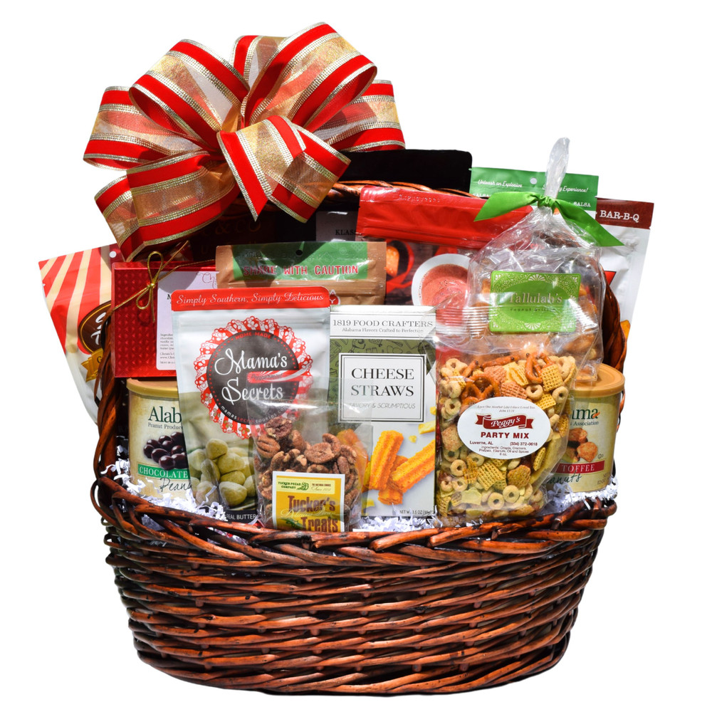 Festive gourmet Christmas gift basket filled with premium sweet and savory holiday treats for corporate gifting, office parties, and family celebrations