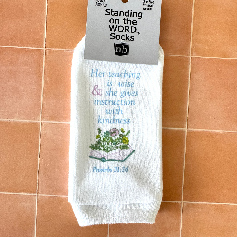Proverbs 31:26 women’s scripture socks, Christian gift socks for women, faith-based inspirational socks Alabama Goods