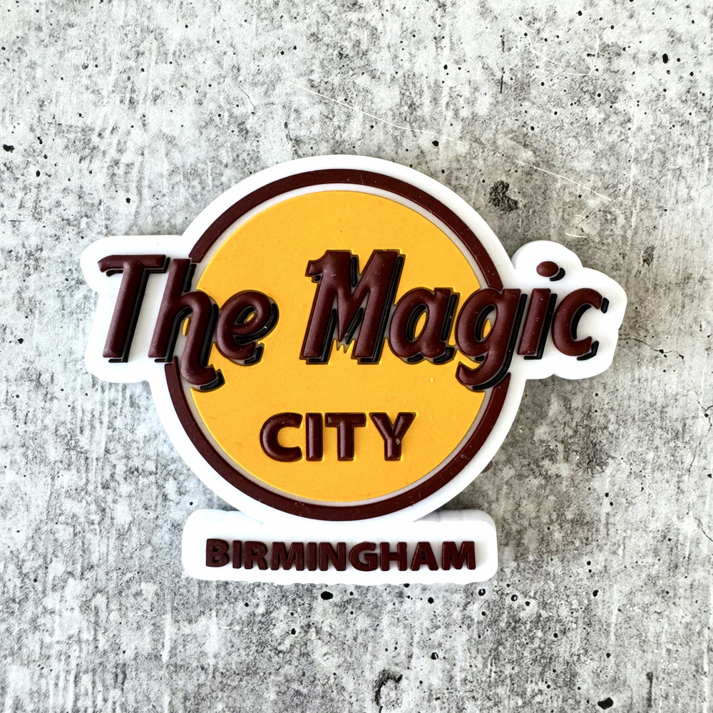 Retro Birmingham Alabama “The Magic City” magnet with raised lettering in warm gold and brown vintage-inspired design
