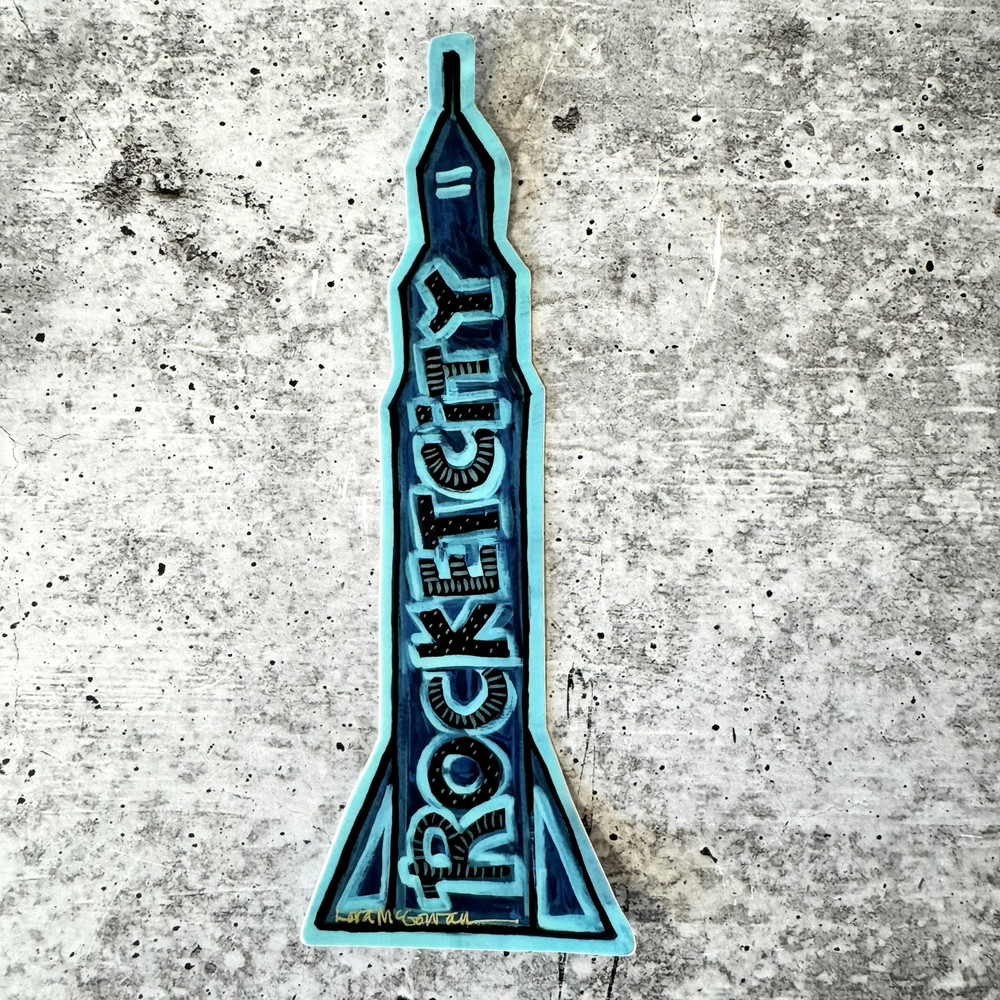 Rocket City Huntsville Alabama die-cut sticker featuring bold space-inspired artwork celebrating Huntsville pride. Great Alabama gift for laptops, tumblers, and more.