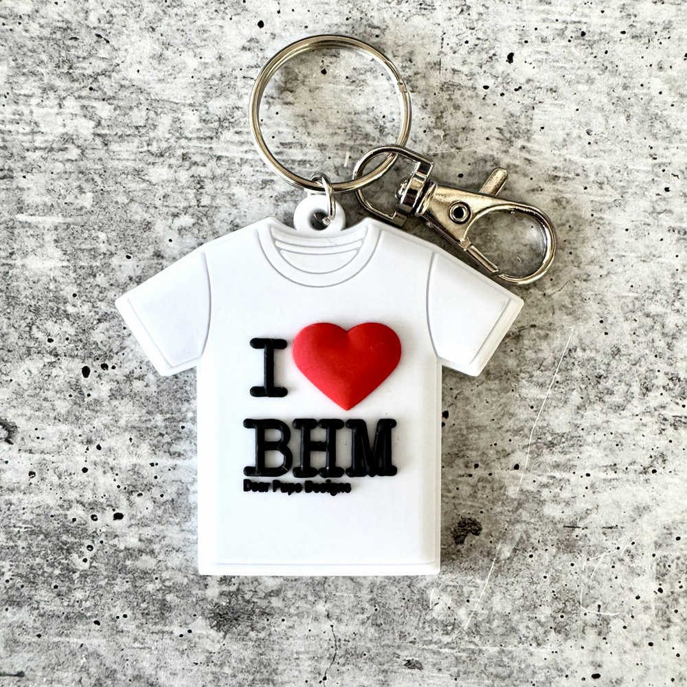 I ❤️ BHM Birmingham, Alabama rubber t-shirt keychain attached to keys, Birmingham souvenir gift for locals, UAB students, and Alabama travelers