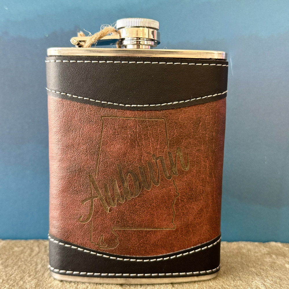 Auburn leather flask with engraved War Eagle design, Auburn fan gift, leather wrapped flask, groomsmen gift Auburn, game day flask
