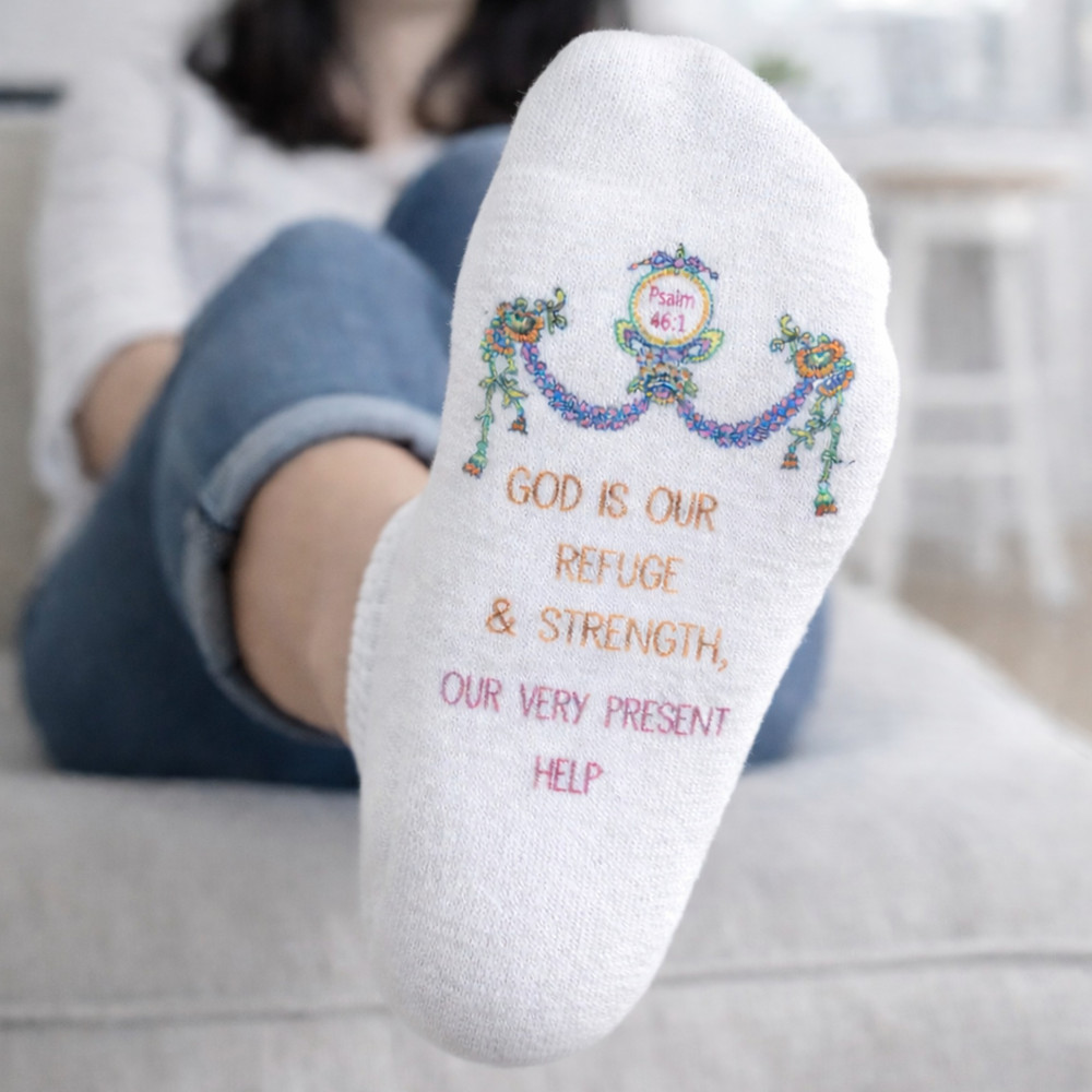Soft white Christian socks with Psalm 46:1 scripture and floral design, inspirational faith gift for women, encouragement socks, Christian gift idea