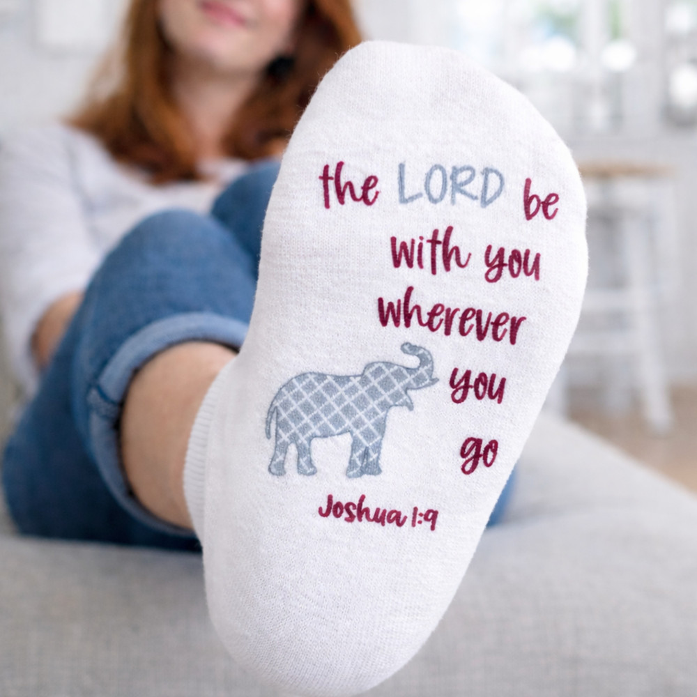 Alabama elephant no-show socks with Joshua 1:9 scripture in crimson and gray