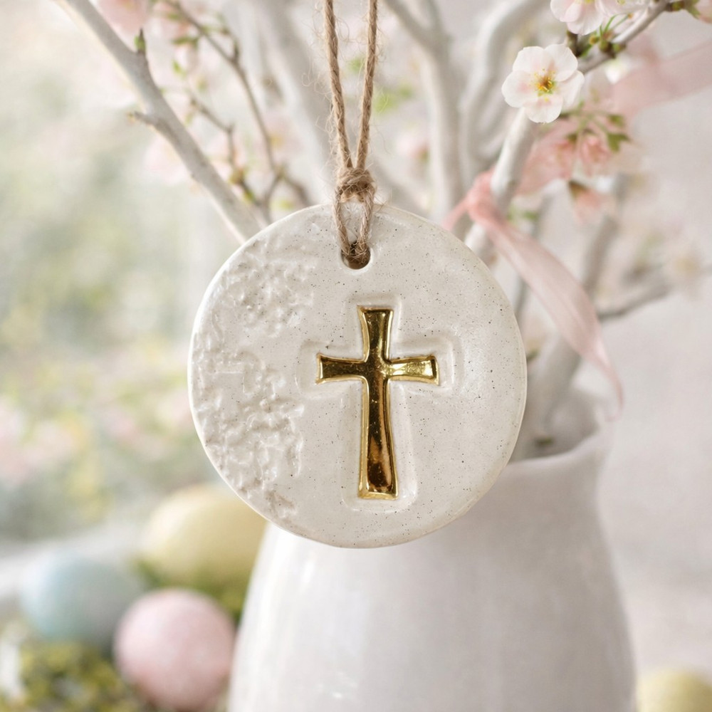 cross ornament with gold cross, handcrafted ceramic cross ornament, Christian ornament Alabama made, faith gift ornament, Prodigal Pottery ornament