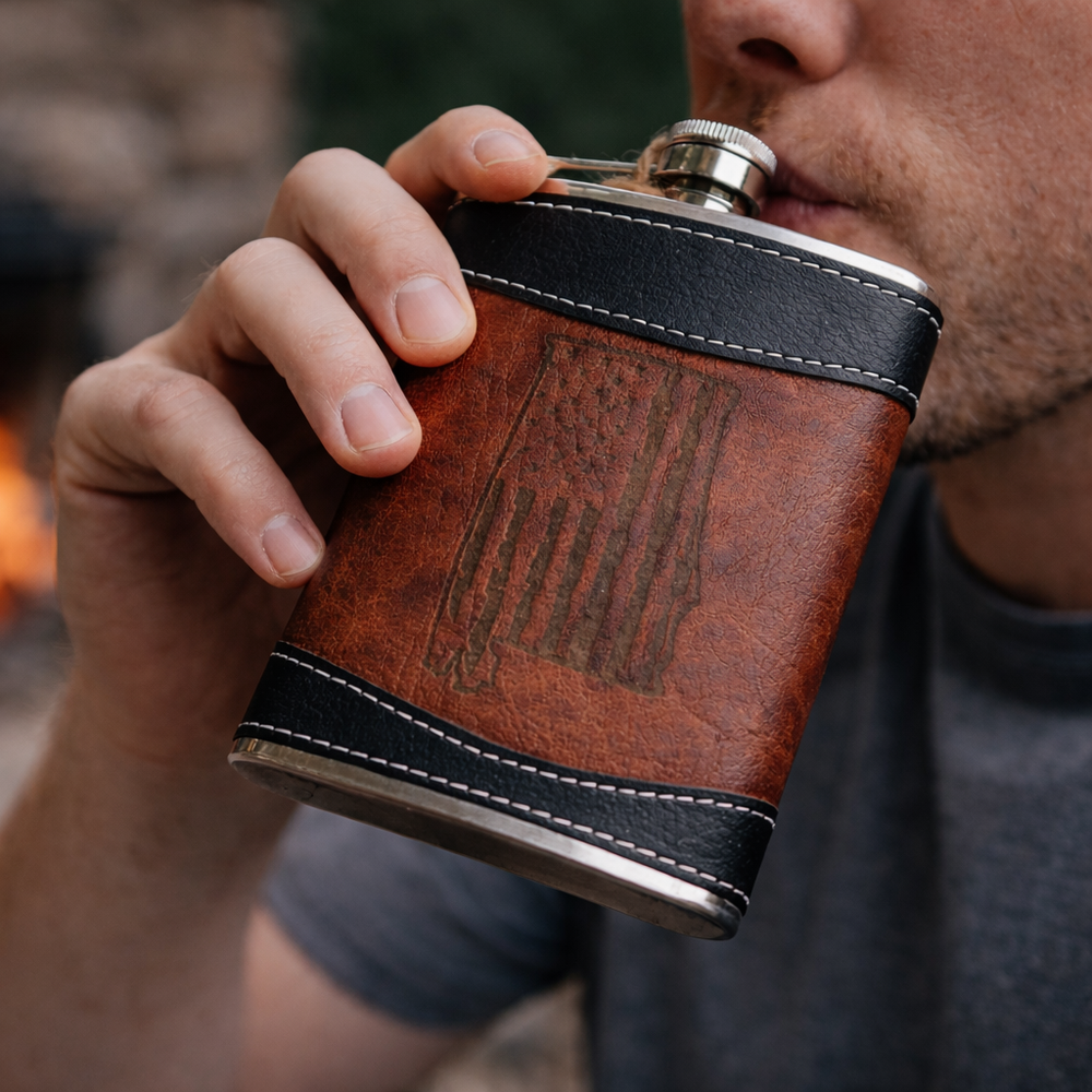 Alabama leather flask with engraved American flag and state outline, leather wrapped flask gift, Alabama pride flask, groomsmen gift flask