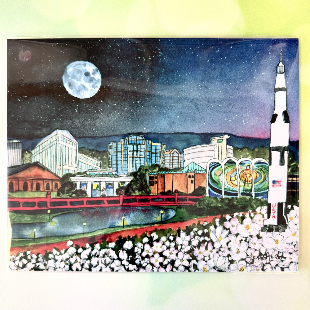 Huntsville Alabama night skyline art print featuring Saturn V rocket, Big Spring Park, and downtown landmarks under a star-filled sky