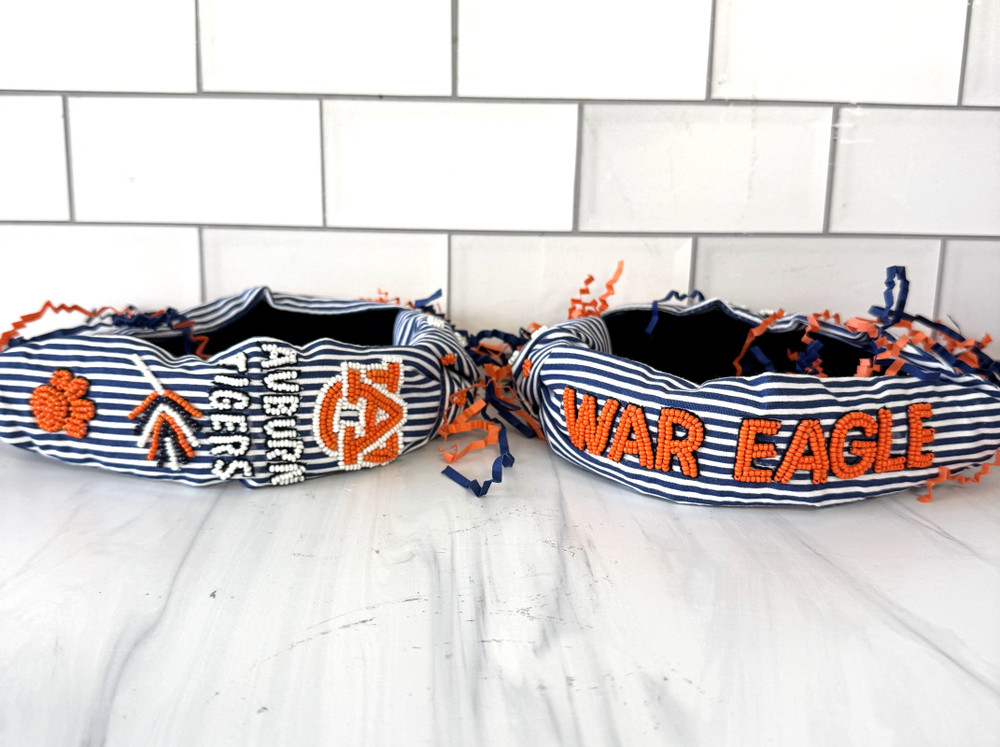 Auburn Tigers beaded headband with “War Eagle” lettering, navy striped fabric, and orange beadwork, stylish game day accessory for Auburn fans