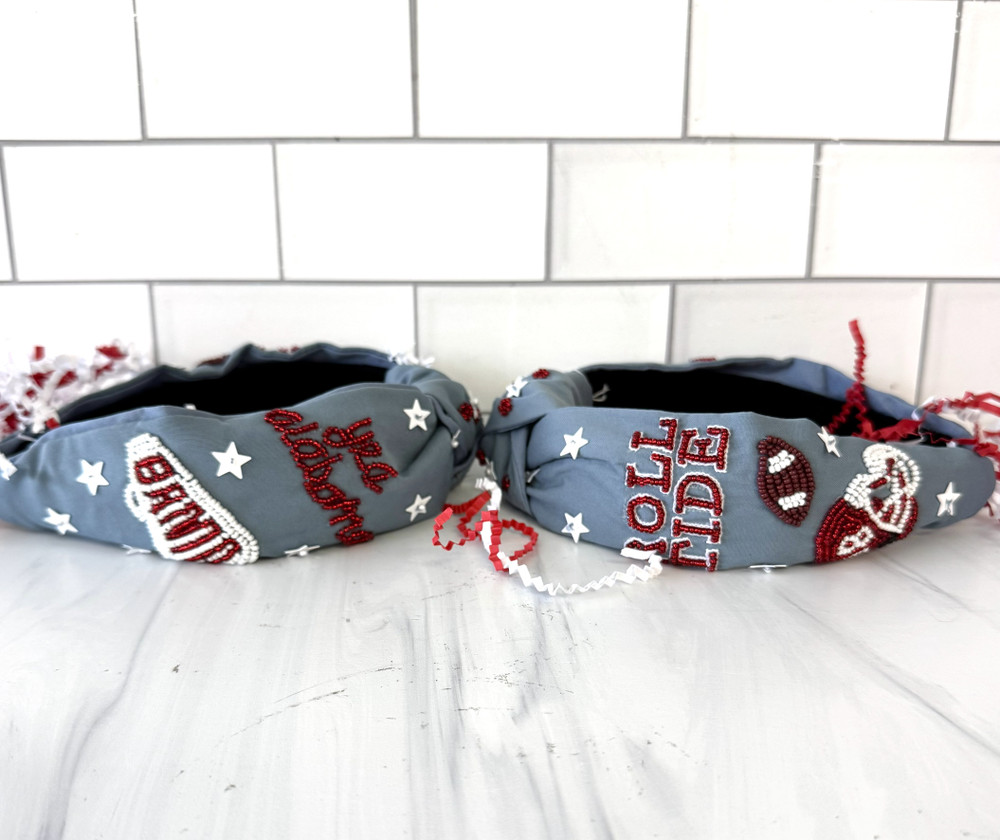 Roll Tide beaded Alabama headband with gray fabric base, red and white beadwork, and football and helmet accents for Crimson Tide game day style