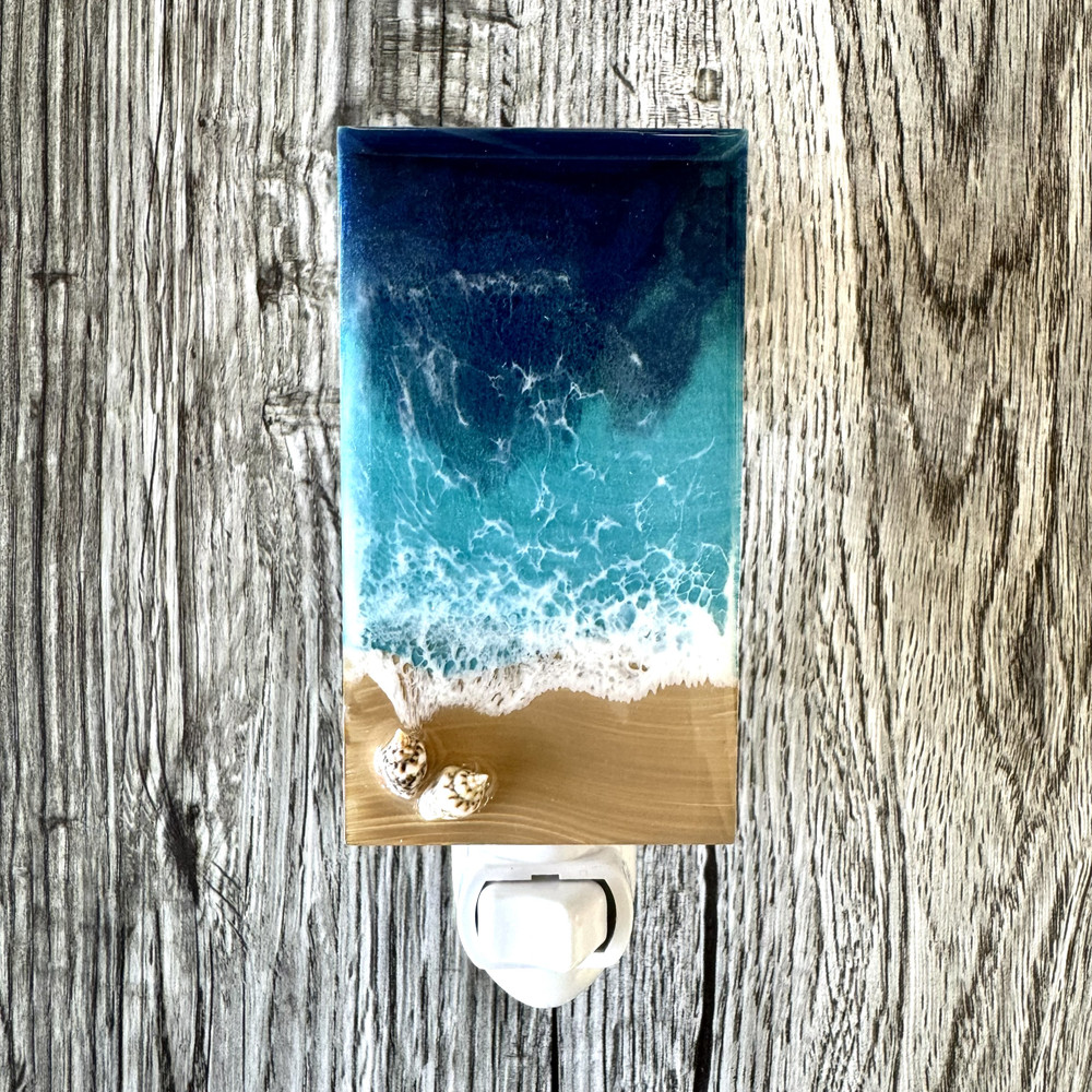 Handmade ocean resin nightlight with blue coastal waves and sandy beach design made in Alabama