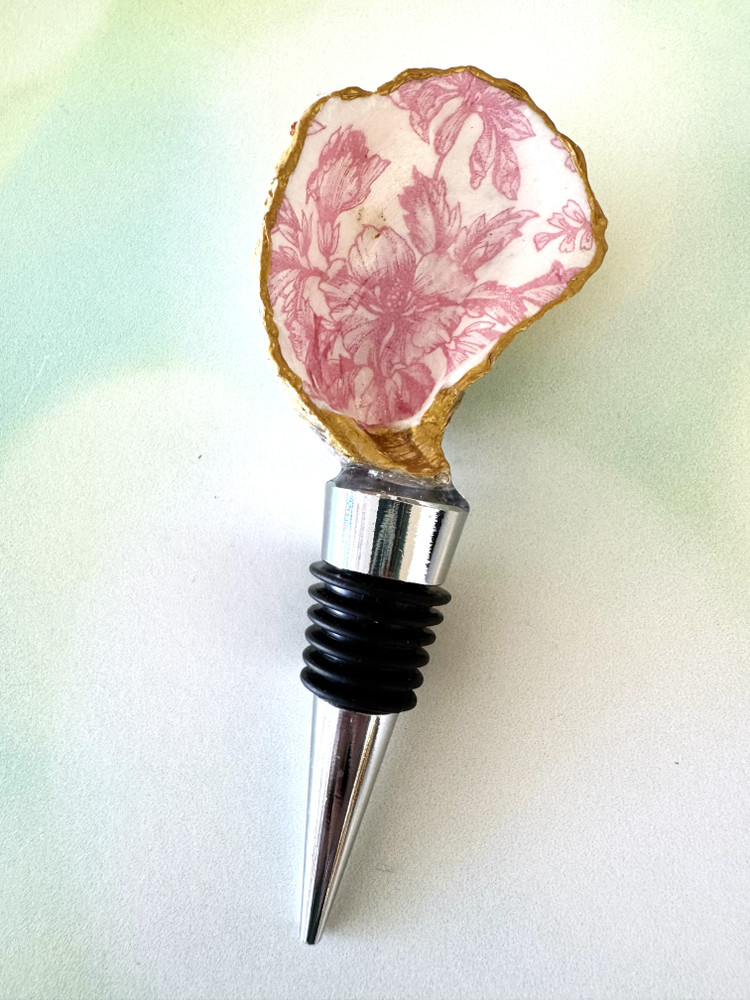 Oyster shell wine stopper with hand-painted floral design and gold edge, handmade in Alabama, coastal wine accessory gift