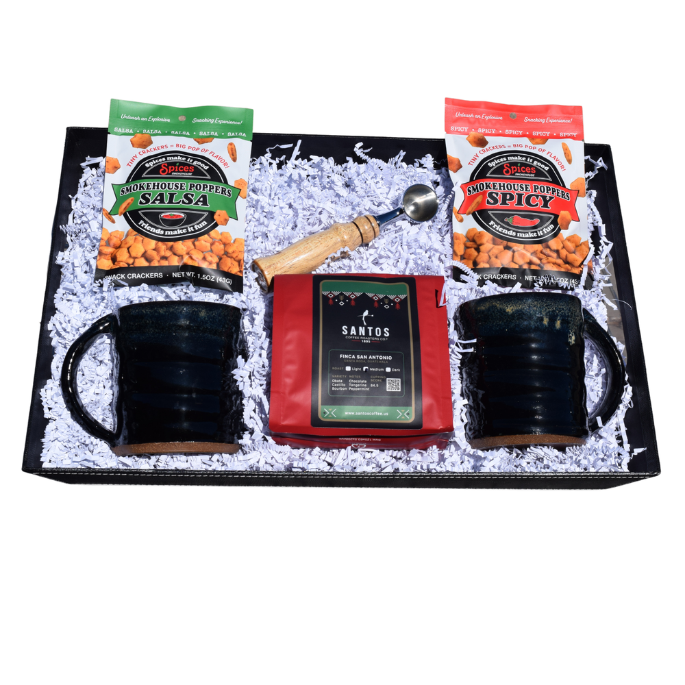 Morning Meeting Collection Alabama coffee gift box with handmade pottery mugs, gourmet coffee, wood coffee scoop, and Southern snack mix