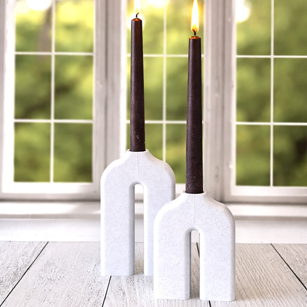 Modern arched candlestick holders set of 2 with speckled finish. Sculptural taper candle holders for dining tables, mantels, and stylish home décor.