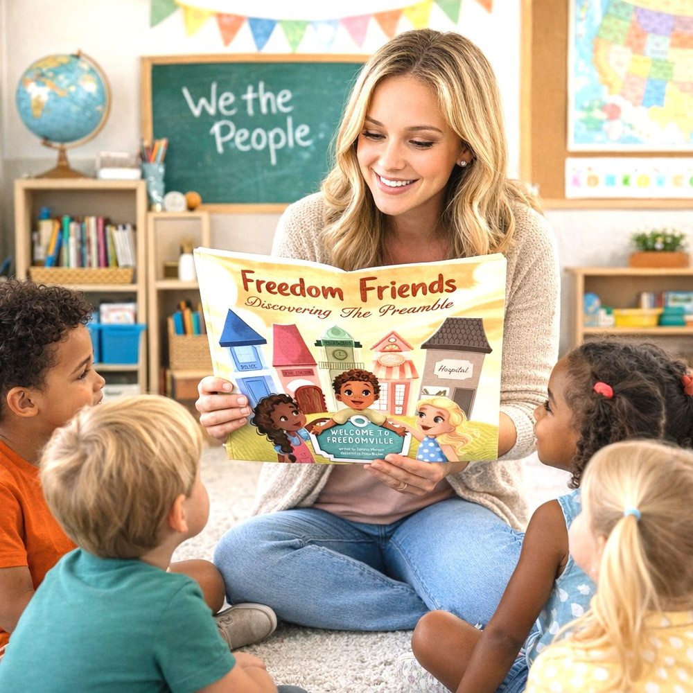 Children’s book about the Preamble to the Constitution with colorful illustrations. Educational civics book for kids learning American values and community.