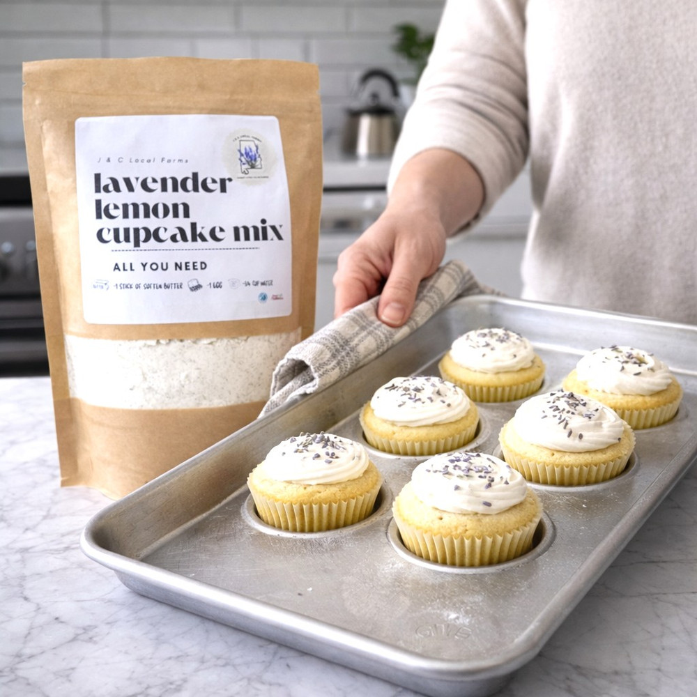 Lavender lemon cupcake mix made in Alabama. Gourmet baking mix with citrus and floral flavor for unique desserts and gift giving.