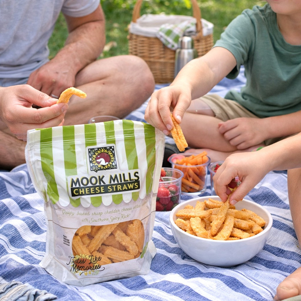 Southern cheese straws made in Alabama with sharp cheddar and a light spicy kick. Crispy, savory snack perfect for entertaining and gifting.