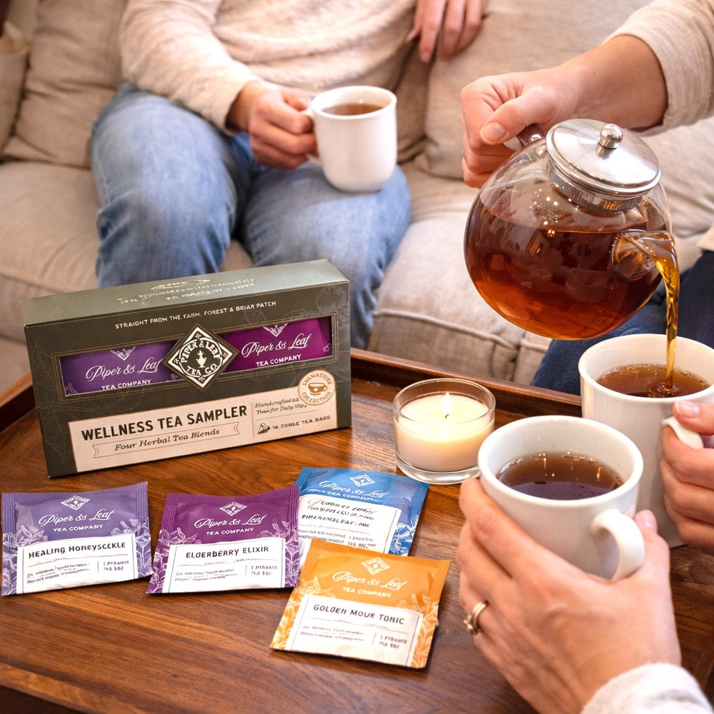 Herbal tea sampler made in Alabama with 4 caffeine-free blends. Wellness tea gift set with compostable tea bags for relaxation and self-care.