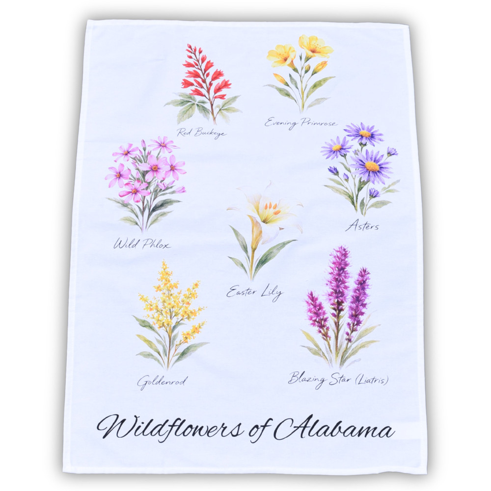 Wildflowers of Alabama tea towel featuring watercolor illustrations of native Alabama flowers including asters, goldenrod, wild phlox, and evening primrose.